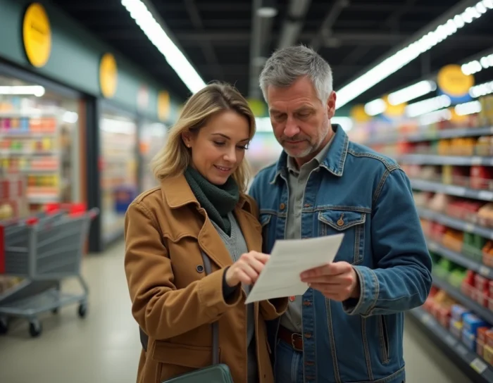 Couple consultant un carnet de chèques et un reçu à l'entrée d'un hypermarché Cora