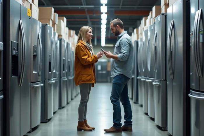 Couple comparant les classes énergétiques de réfrigérateurs dans un magasin d'électroménager