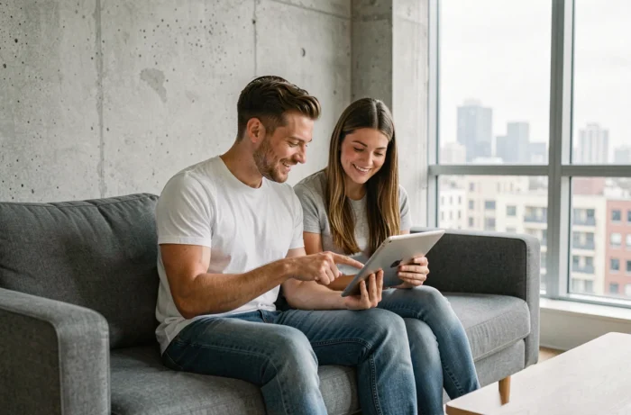 Couple consultant des annonces de location immobilière sur une tablette dans un salon moderne