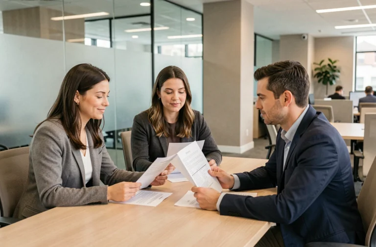 Un couple discute d'un crédit immobilier avec un conseiller financier dans une agence bancaire moderne