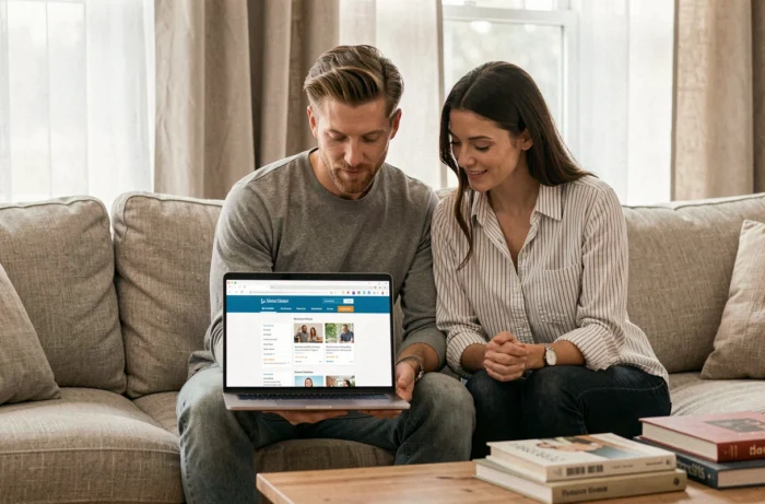 Couple explorant ensemble le site Happy Family sur un ordinateur portable dans un salon confortable, illustrant une navigation intuitive et une organisation claire du contenu