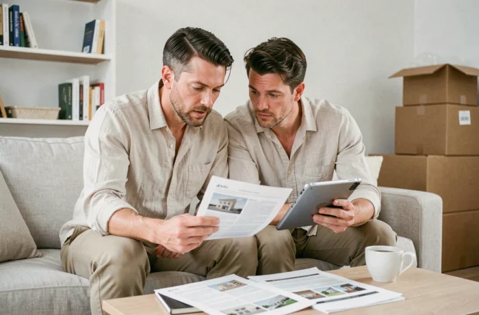 Couple évaluant ensemble des offres de location en ligne et des annonces imprimées dans un appartement en cours d'emménagement