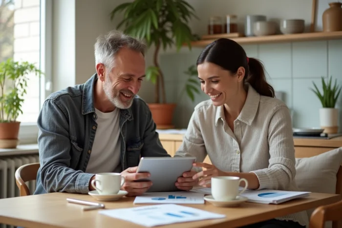 Couple en train de consulter un portefeuille d'ETF ESG sur tablette dans une cuisine moderne et écologique