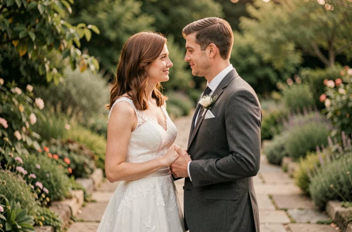 Couple lors de leur mariage, la mariée en robe blanche et le marié en costume gris tenant les mains dans un jardin verdoyant
