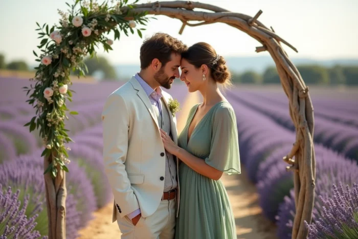 Couple de mariés dans un champ de lavande en Provence, l'un en costume en lin crème, l'autre en robe en mousseline verte, cérémonie de mariage en plein air