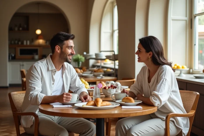 Un couple profite du petit-déjeuner inclus dans une formule LPD dans une salle de restaurant d'hôtel élégante, symbolisant l'un des principaux avantages de ce type de réservation