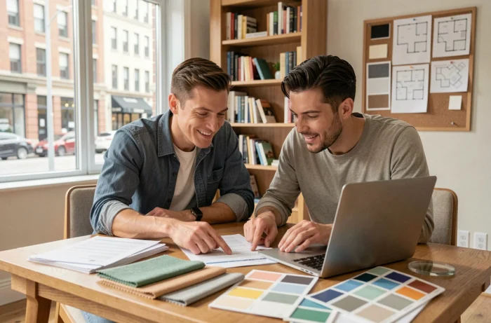 Koppel plant hun renovatieproject rustig rond een budget en materiaalmonsters