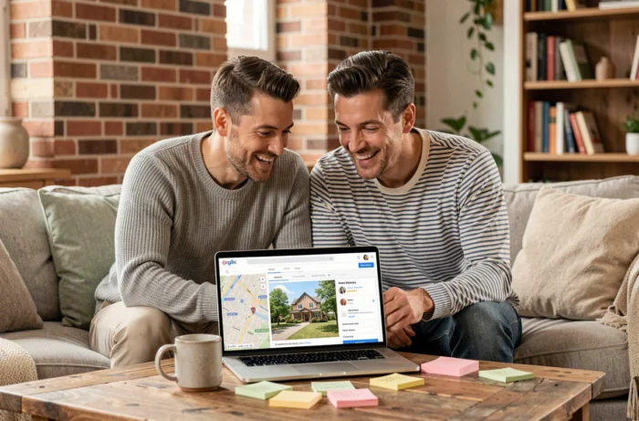 Couple recherchant des annonces immobilières et des visites virtuelles sur un ordinateur portable dans leur salon