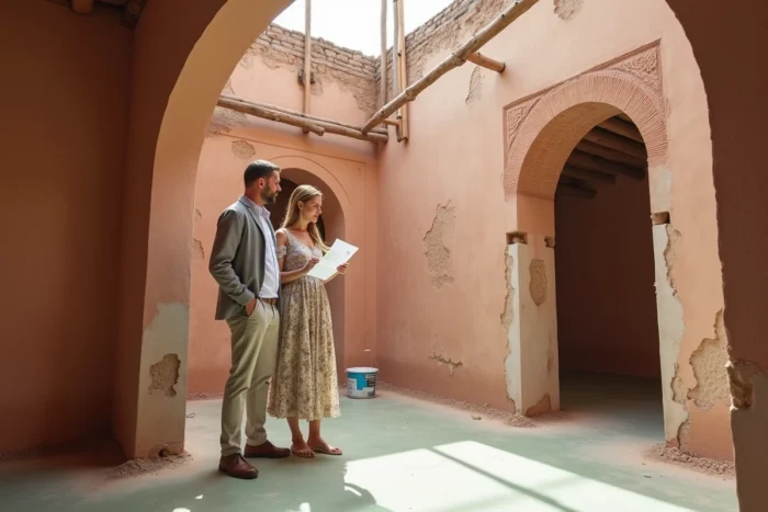 Couple évaluant les travaux de rénovation d'une maison traditionnelle à rénover à Marrakech