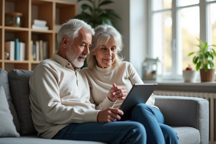 Couple de retraités SNCF naviguant ensemble sur une tablette pour accéder aux services en ligne dédiés