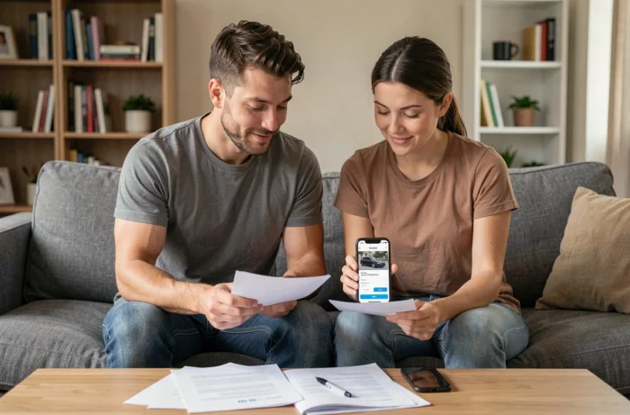 Couple vérifiant les documents de carte grise et de permis de conduire obtenus en ligne depuis leur salon