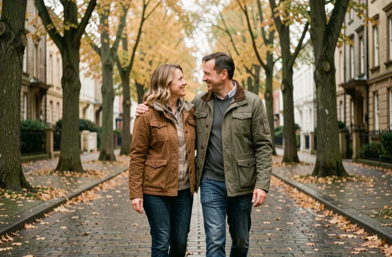Couple de quadragénaires marchant ensemble dans une rue résidentielle boisée en automne, symbolisant la vie privée et la complicité familiale