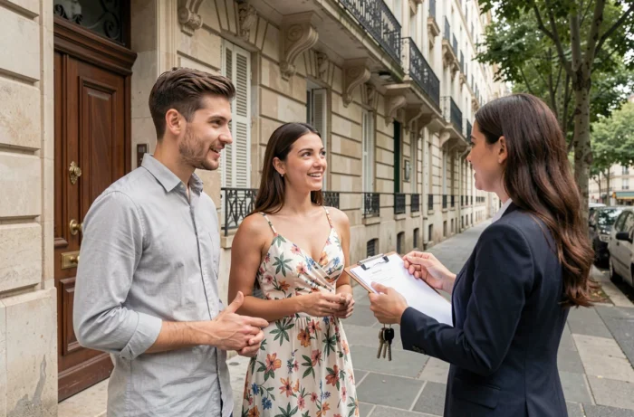 Jeune couple visitant un appartement en location avec un agent immobilier devant un immeuble haussmannien