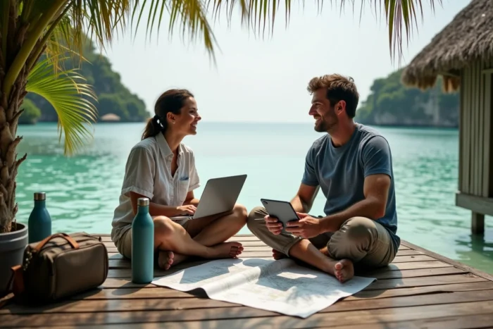 Couple de voyageurs nomades planifiant leur itinéraire sur une terrasse de bungalow tropical au-dessus de l'eau