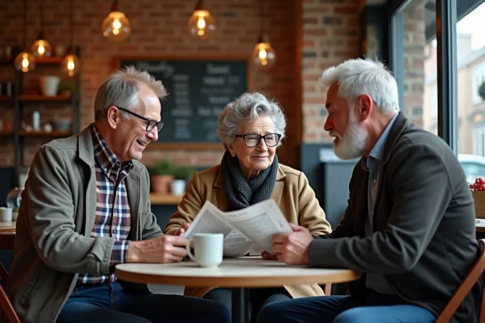 Groupe d'adultes en discussion animée dans un café autour d'articles de presse, illustrant le débat et le sens critique
