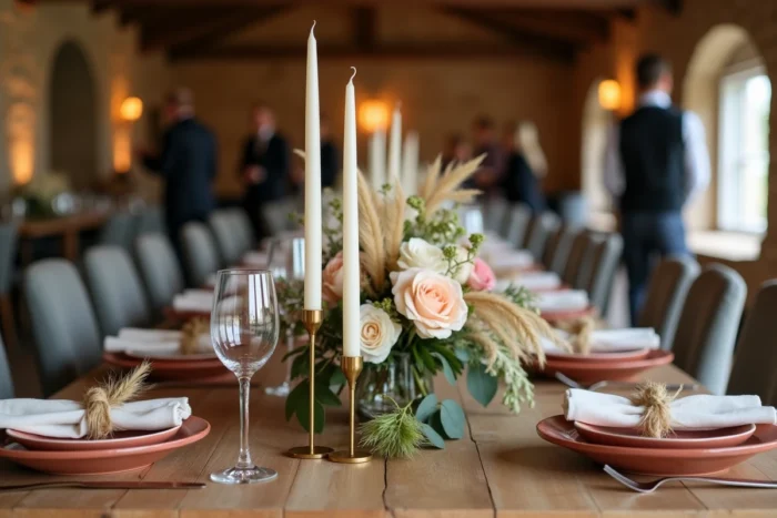 Décoration de table de mariage tendance avec vaisselle en céramique terracotta, herbes séchées et bougies en laiton dans une ferme en pierre