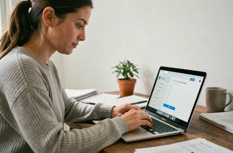 Femme effectuant ses démarches administratives pour le permis de conduire en ligne depuis son bureau à domicile