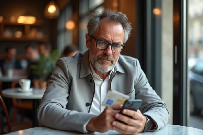 Un homme consulte son permis de conduire français et effectue des démarches administratives sur smartphone dans un café parisien
