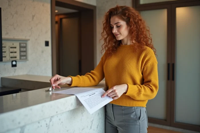 Jeune femme déposant ses clés et signant un document à la réception lors de la fin de son contrat de location