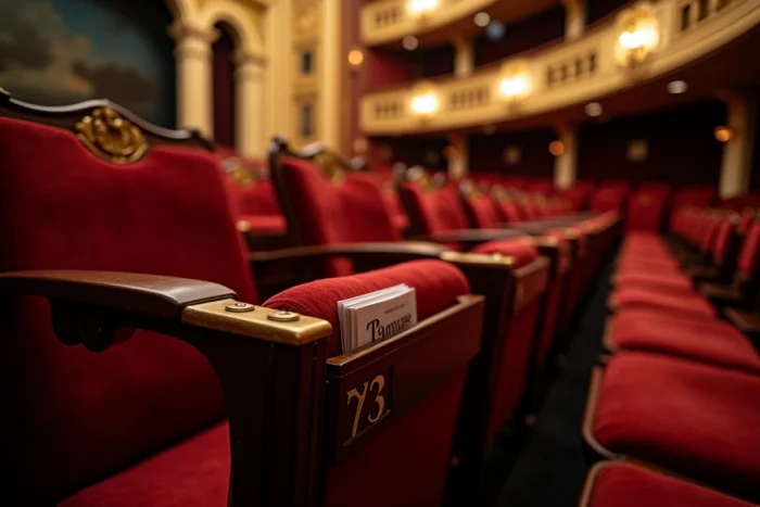 Détail des fauteuils numérotés en velours rouge du balcon du théâtre du Palais-Royal avec plaques en laiton