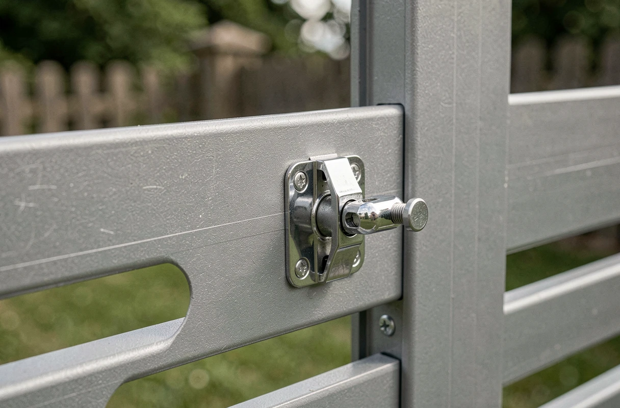 Détail de la serrure et des lames d'un portail aluminium gris anthracite de Brico Dépôt