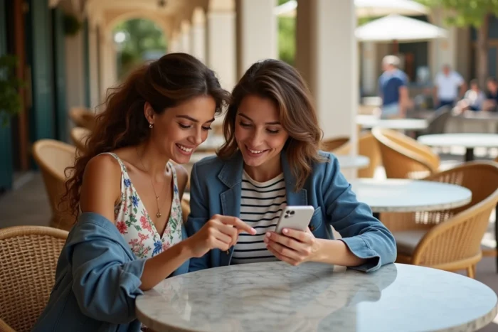 Deux femmes consultant une application de mode sur smartphone dans un café méditerranéen pour trouver les tenues de Demain nous appartient
