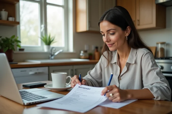 Femme vérifiant et signant un devis de déménagement ferme à son bureau de cuisine