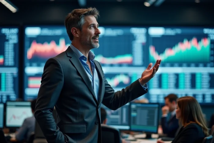 Directeur financier présentant les dernières actualités boursières sur un tableau de données interactif en salle de trading