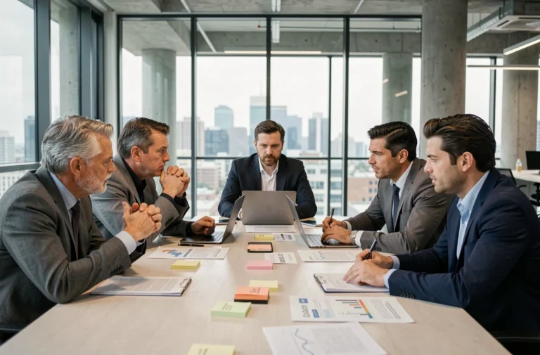 Équipe de professionnels discutant des enjeux éthiques du marketing responsable autour d'une table de conférence moderne