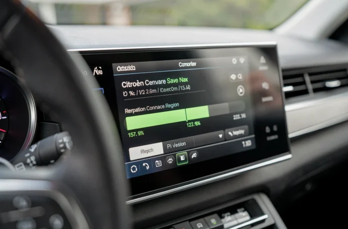 Scherm van het Citroën Connect Nav GPS-systeem dat de voortgang van een lopende kaartupdate weergeeft