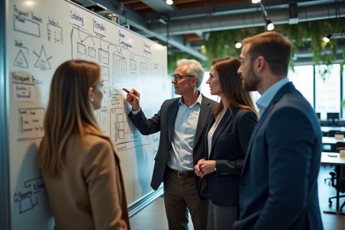 Équipe de collaborateurs B2B travaillant ensemble sur une stratégie de partenariat commercial autour d'un tableau blanc dans un espace de coworking