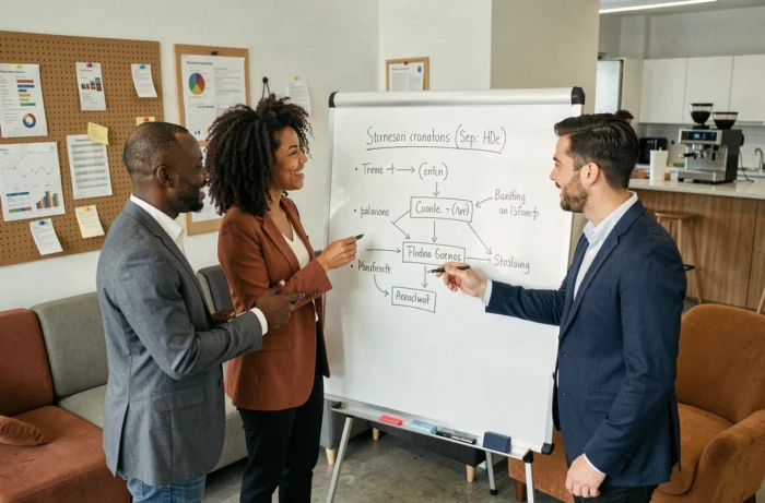 Équipe diverse et engagée co-construisant une stratégie de leadership autour d'un tableau blanc dans un bureau moderne
