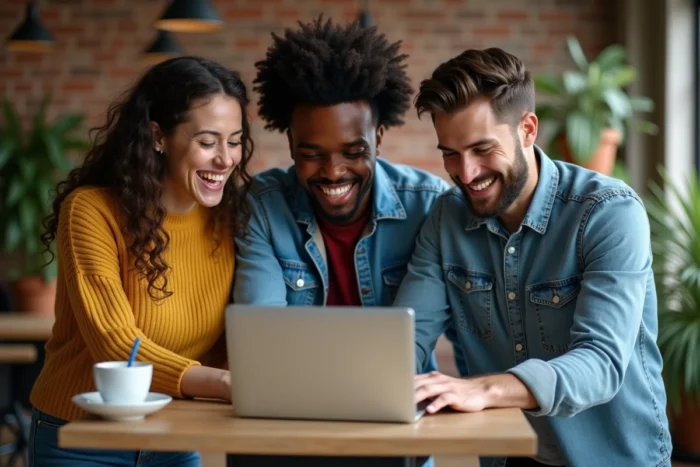 Groupe de jeunes professionnels collaborant sur un projet dans un espace de coworking moderne, évoquant le développement de carrière collectif