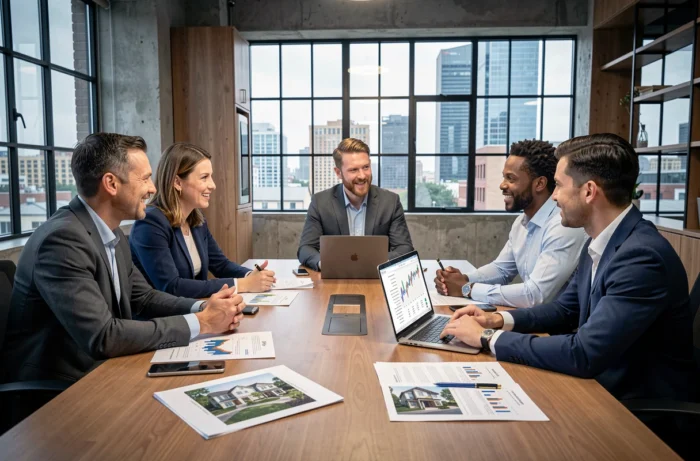 Équipe de professionnels en réunion analysant des opportunités d'investissement immobilier autour d'une table de conférence