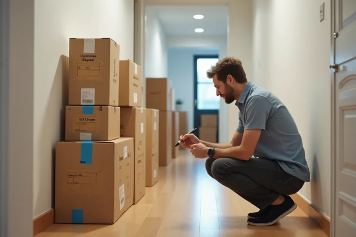 Homme étiquetant des cartons avec la pièce de destination et le contenu à l'aide de marqueurs et d'étiquettes