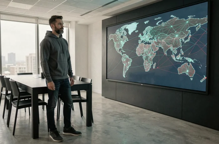 Expert en cybersécurité présentant une carte mondiale des menaces numériques lors d'un briefing en entreprise