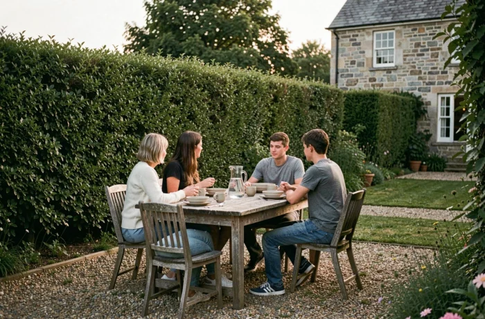 Famille réunie autour d'une table de jardin privé en soirée, entourée de haies denses symbolisant la protection de la vie privée