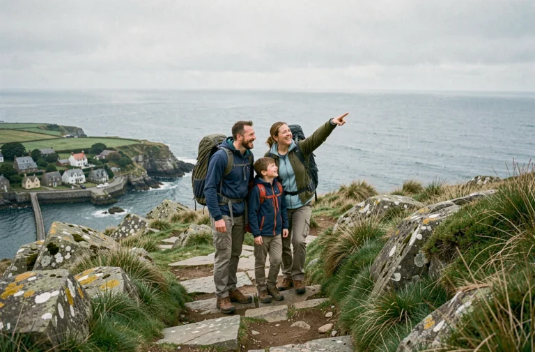 Famille en randonnée sur un sentier côtier rocheux avec vue sur l'océan lors d'un voyage inoubliable