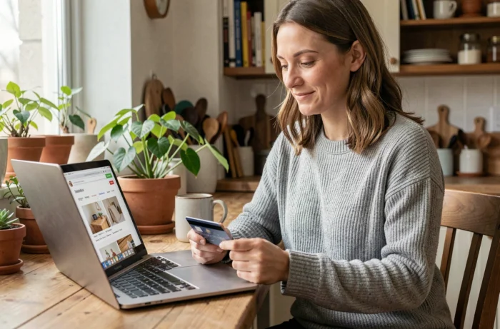 Femme faisant ses achats en ligne avec un ordinateur portable et une carte bancaire sur une table en bois dans une cuisine cosy