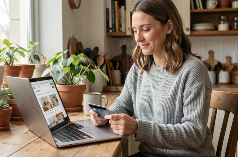 Femme faisant ses achats en ligne avec un ordinateur portable et une carte bancaire sur une table en bois dans une cuisine cosy
