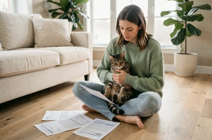 Femme consultant des documents d'assurance pour son chat dans un salon moderne et lumineux