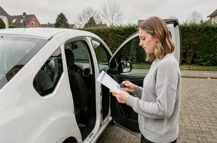 Vrouw met een USB-stick om het GPS van haar Citroën Berlingo bij te werken in een woonwijk