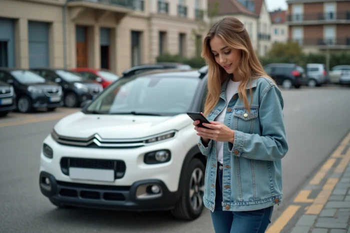 Femme vérifiant son téléphone pour connecter le Bluetooth de sa Citroën C3 dans un parking urbain