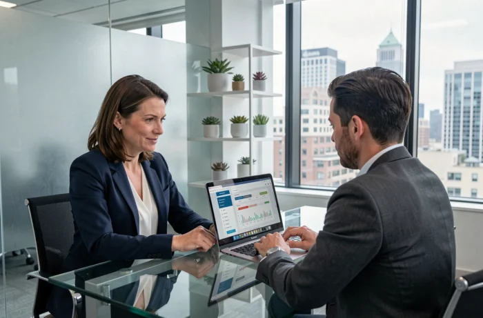 Femme en réunion avec un conseiller immobilier consultant des outils de comparaison en ligne