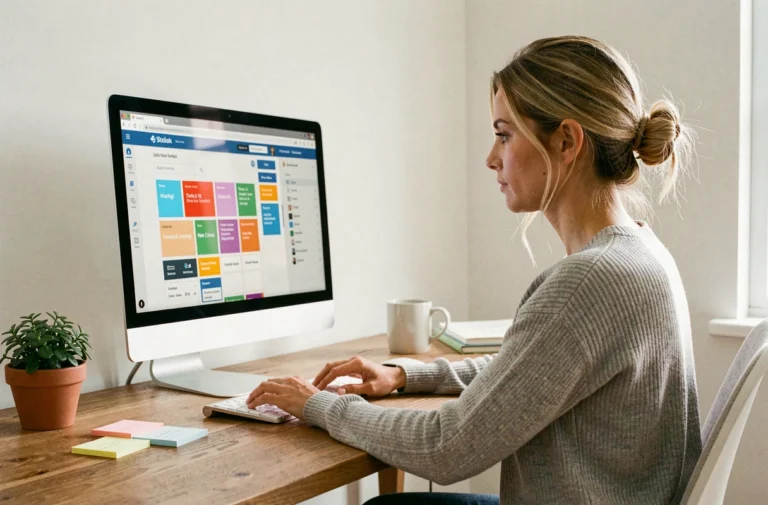 Femme débutante créant un site web professionnel sur son ordinateur avec un logiciel de conception web