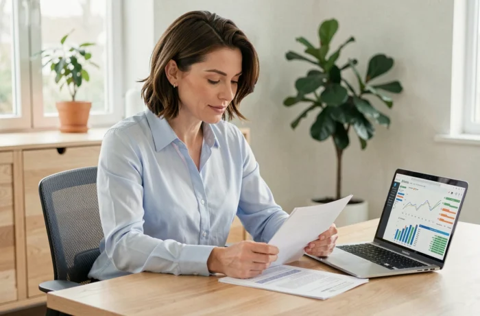 Femme consultant des documents de crédit à son bureau à domicile pour financer ses projets