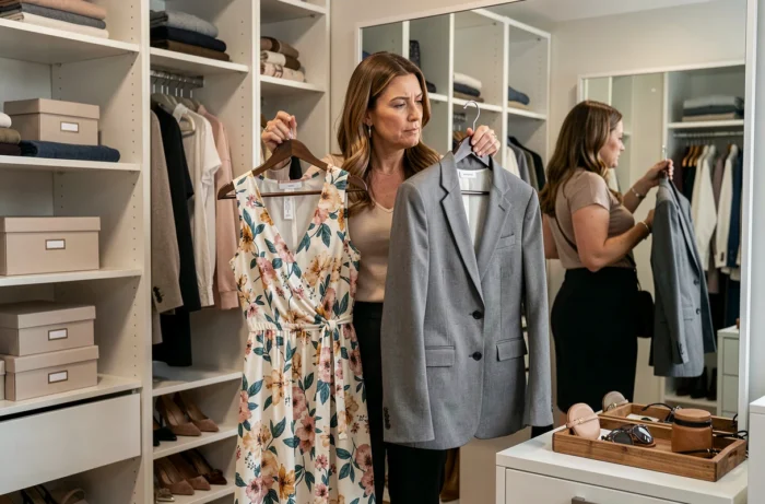 Femme d'une quarantaine d'années comparant deux tenues devant un miroir dans un dressing organisé et lumineux