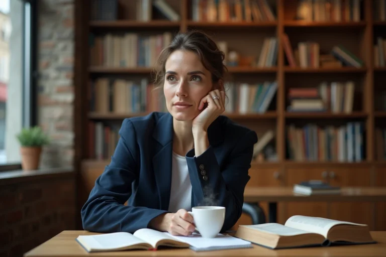 Femme réfléchie assise dans une bibliothèque entourée de livres, symbolisant le développement de l'esprit critique