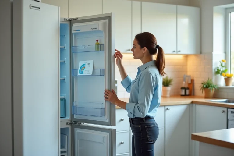 Femme examinant l'étiquette énergétique d'un réfrigérateur moderne dans une cuisine contemporaine