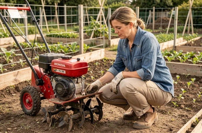 Donna che ispeziona le zappe della motozappa Honda FG 320 in un giardino di lavoratori